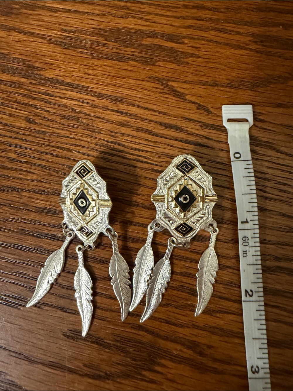 Vintage Native-Inspired Feather Drop Earrings in Silver & Gold - Picture 3 of 3